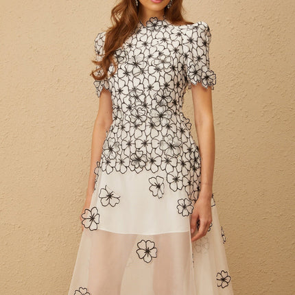 Agnolina White Floral Tulle Midi Dress with 3D Petal Detailing and Scallop Trim