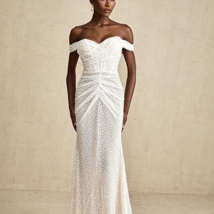 Agnolina White Off-Shoulder Maxi Dress with Sequin Embellishment and Corset Style Silhouette