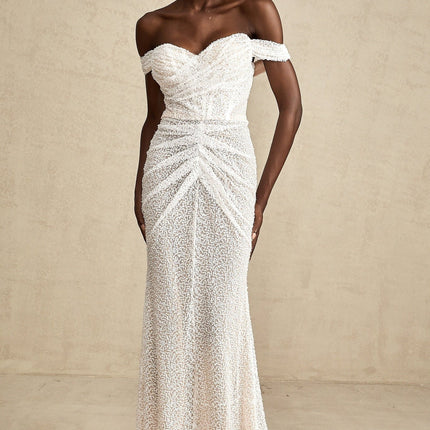Agnolina White Off-Shoulder Maxi Dress with Sequin Embellishment