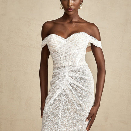 Agnolina White Off-Shoulder Maxi Dress with Sequin Embellishment and Corset-Style Silhouette
