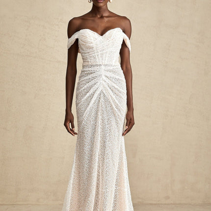 Agnolina White Off-Shoulder Maxi Dress with Sequin Embellishment