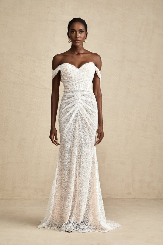 Agnolina White Off-Shoulder Maxi Dress with Sequin Embellishment