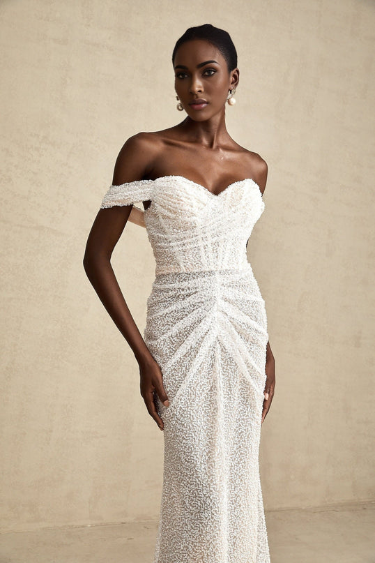 Agnolina White Off-Shoulder Maxi Dress with Sequin Embellishment