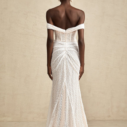 Agnolina White Off-Shoulder Maxi Dress with Sequin Embellishment