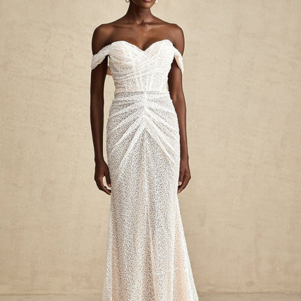Agnolina White Off-Shoulder Maxi Dress with Sequin Embellishment