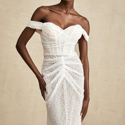 Agnolina White Off-Shoulder Maxi Dress with Sequin Embellishment and Ruched Detailing
