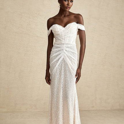 Agnolina White Off-Shoulder Maxi Dress Sequin Embellishment Ruched Detailing Corset Silhouette Rear Zip Fastening