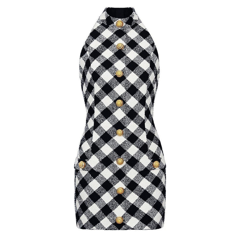 Aida Black and White Plaid Halter Neckline Dress with Gold Buttons