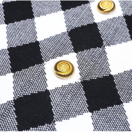 Aida Black and White Plaid Halter Neckline Dress with Gold Buttons