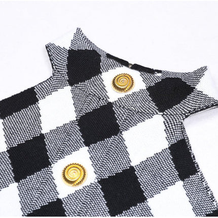 Aida Black and White Plaid Halter Dress with Gold Buttons