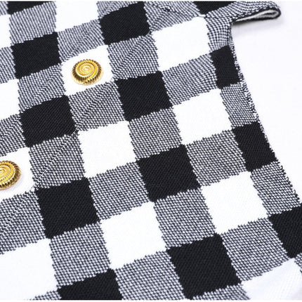 Aida Black and White Plaid Halter Dress with Gold Buttons