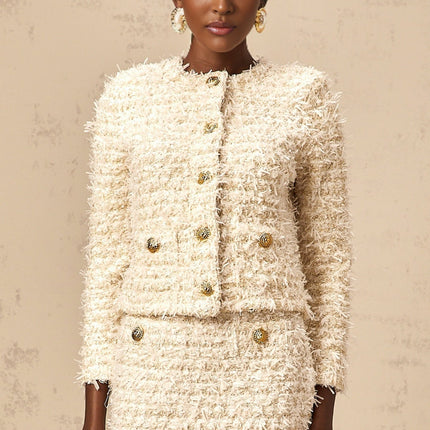 Aida White Fuzzy Knit Cardigan and Skirt Matching Set