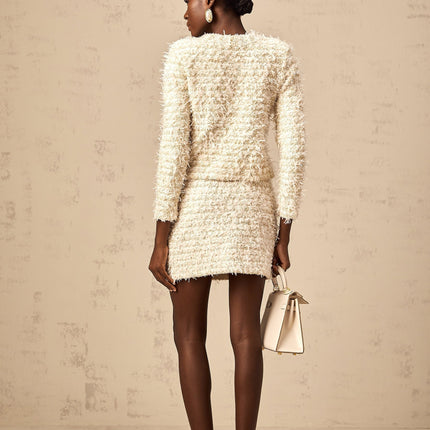 Aida White Fuzzy Knit Matching Set Cardigan Skirt