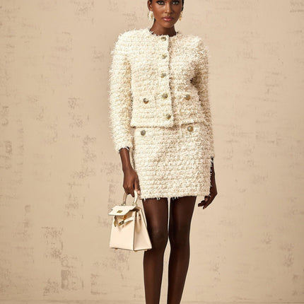 Aida White Fuzzy Knit Matching Set Cardigan Skirt