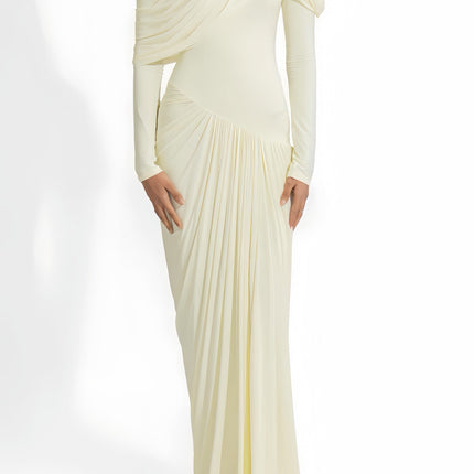 Aida White Maxi Dress Pleated Design Crew Neck Long Sleeves Floor Length Polyamide Elastane Blend Feminine Allure