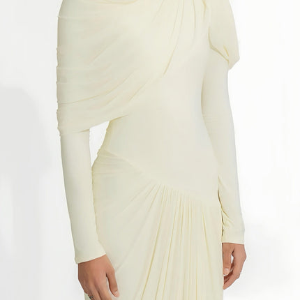 Aida White Maxi Dress Pleated Design Crew Neck Long Sleeves Floor-Length Elegant Sophisticated Polyamide Elastane Blend Special Occasions Fashion Icon