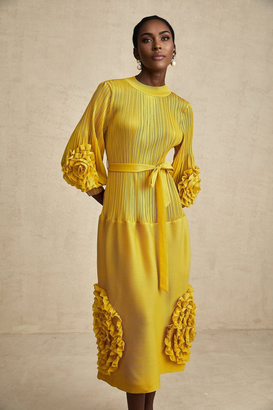 Aïda yellow 3dpetal ruffled midi dress