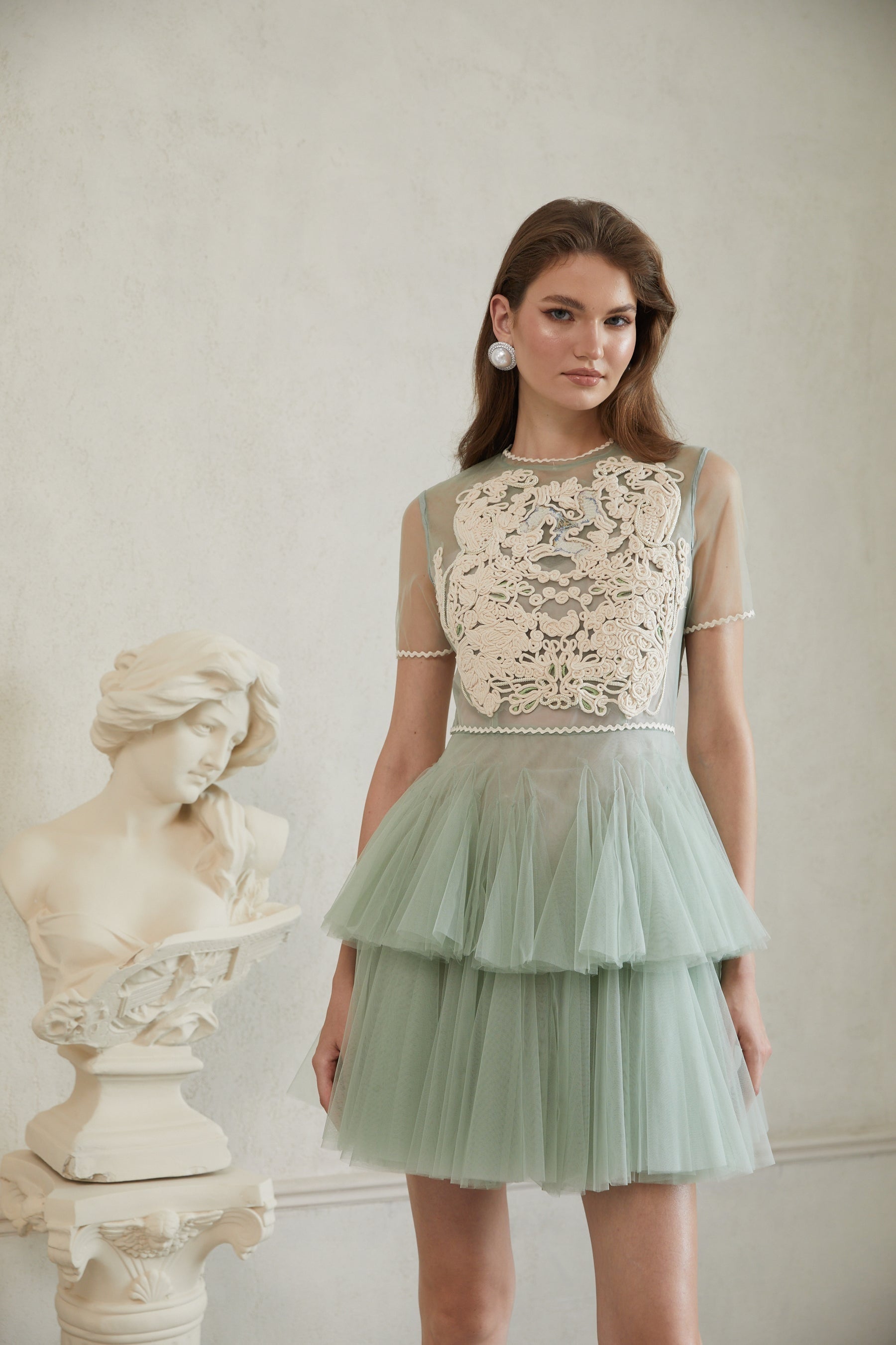 Aikaterini Green Floral Braided Tulle Mini Dress