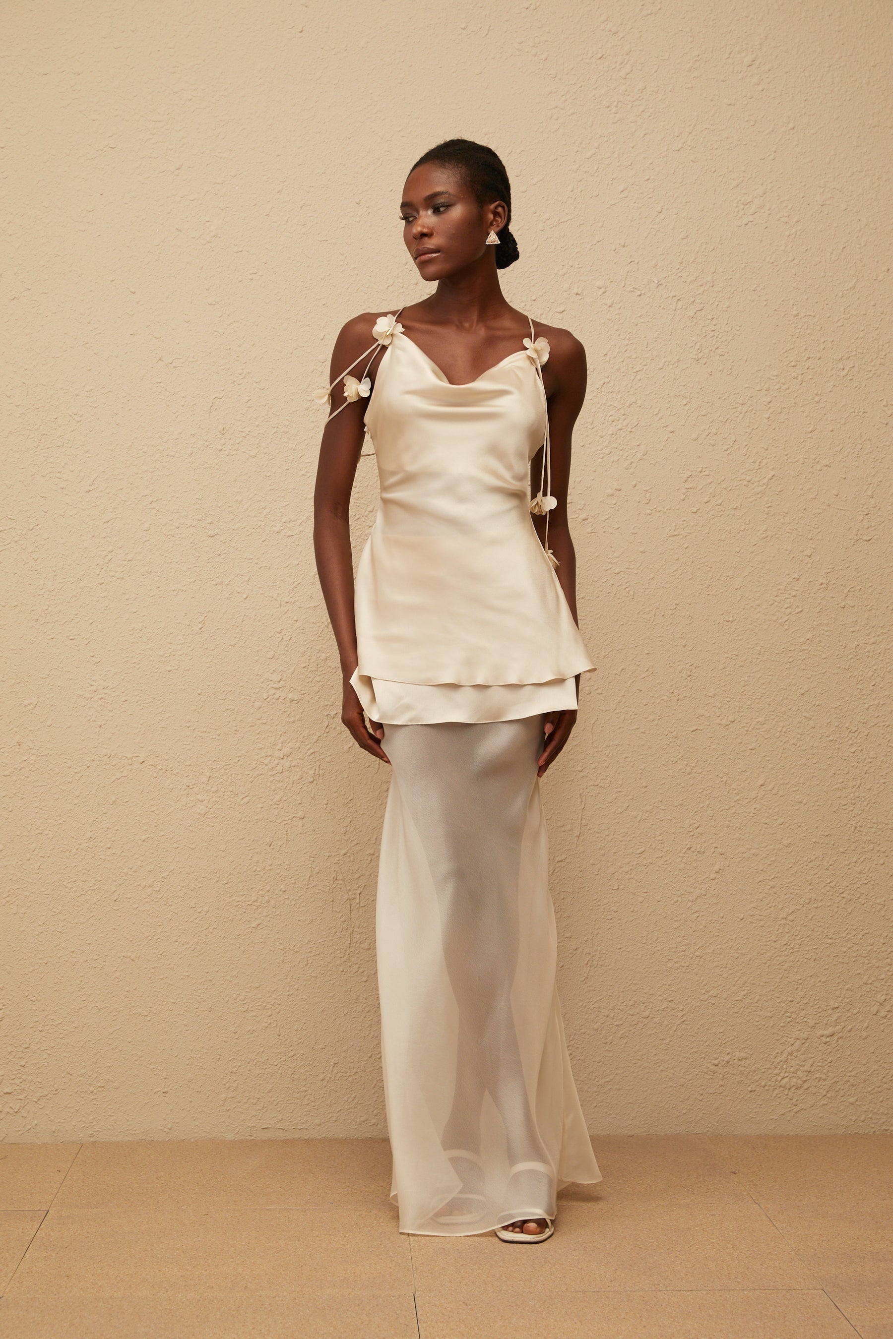 Aikaterini Neutral 3D Petal Satin Matching Set