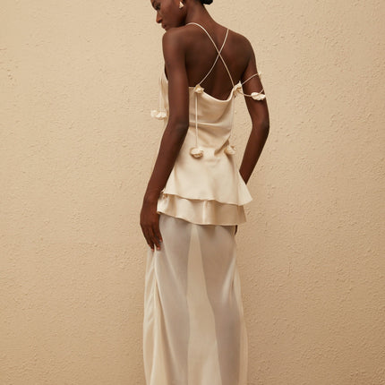Aikaterini wearing Neutrals 3D Petal Satin Matching Set