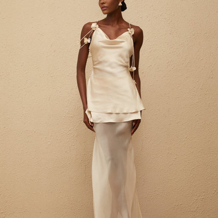 Aikaterini wearing Neutrals 3D Petal Satin Matching Set