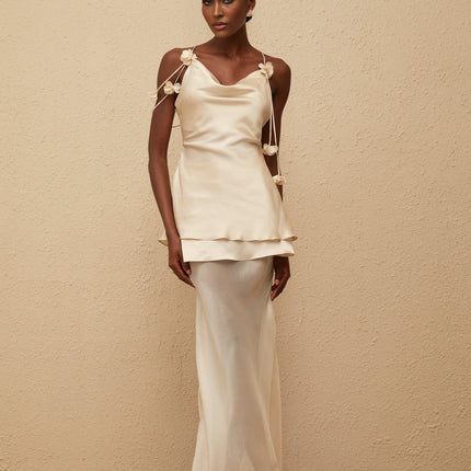 Aikaterini wearing Neutrals 3D Petal Satin Matching Set