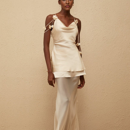 Aikaterini wearing Neutrals 3D Petal Satin Matching Set