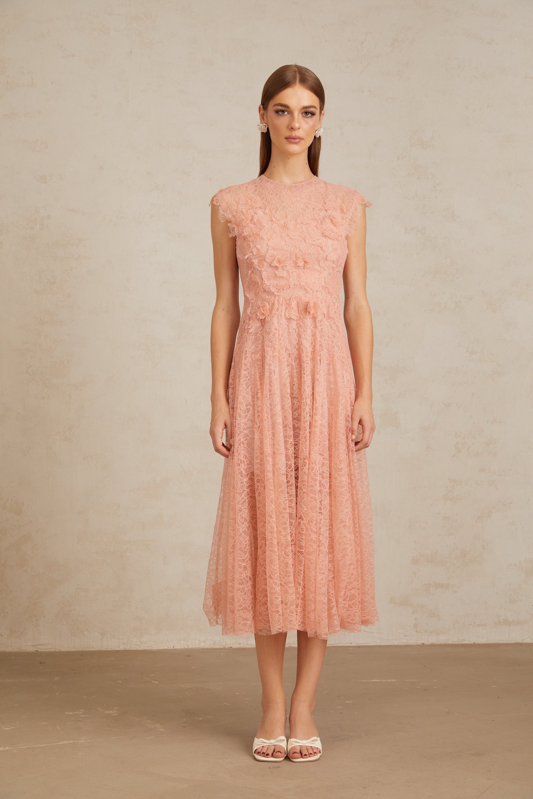 Aila Pink Shirred Guipure Lace Midi Dress