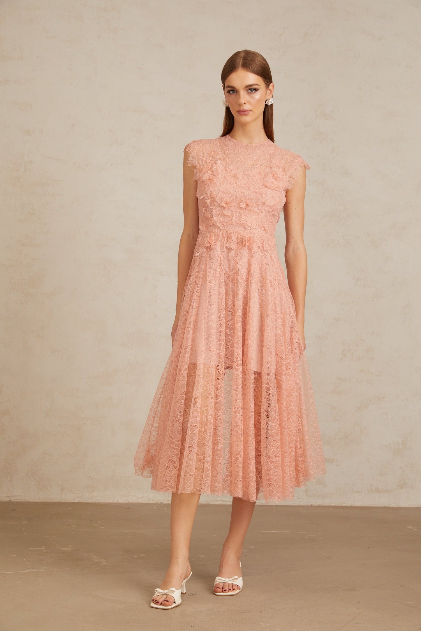 Aila Pink Shirred Guipure Lace Midi Dress