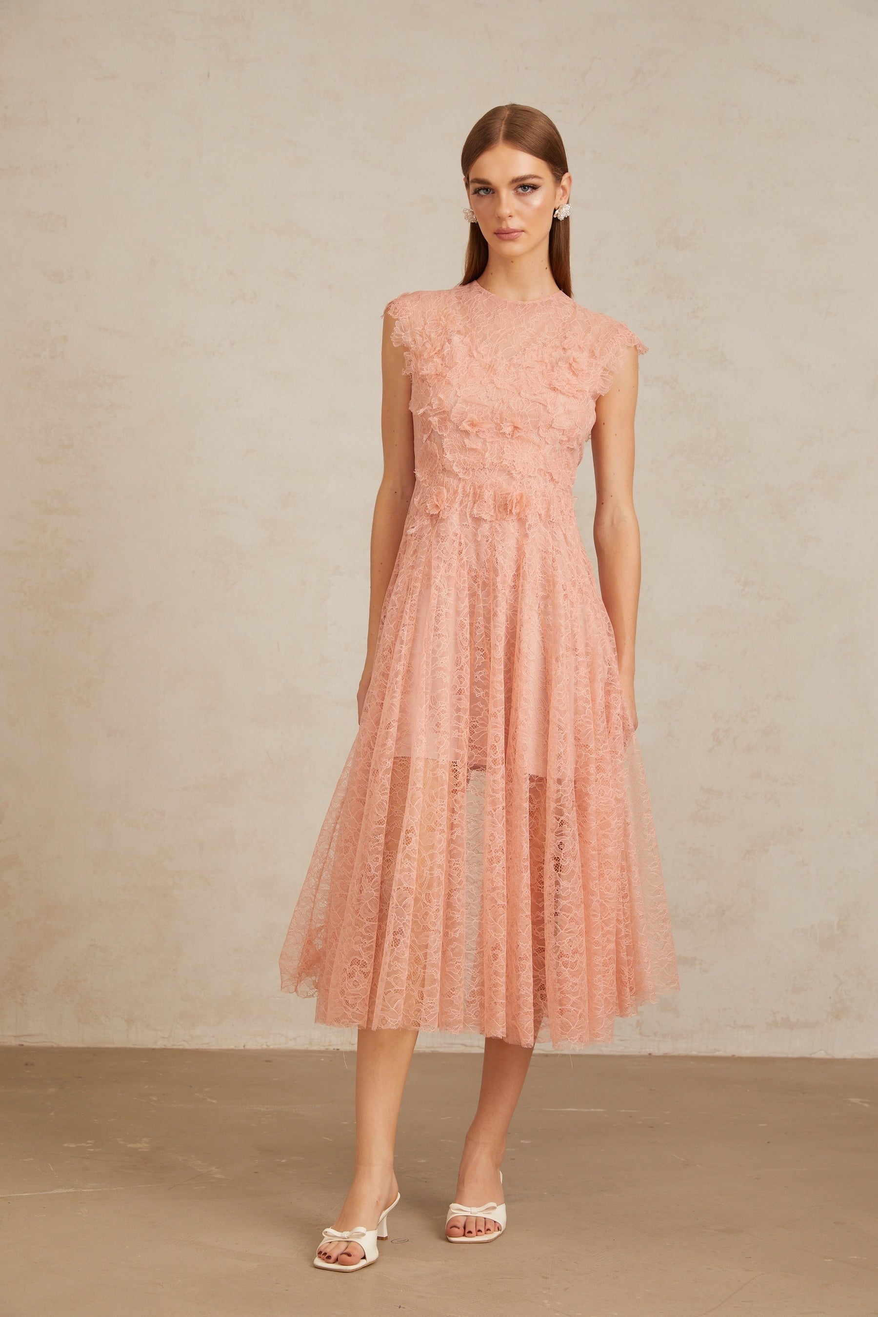 Aila Pink Shirred Guipure Lace Midi Dress