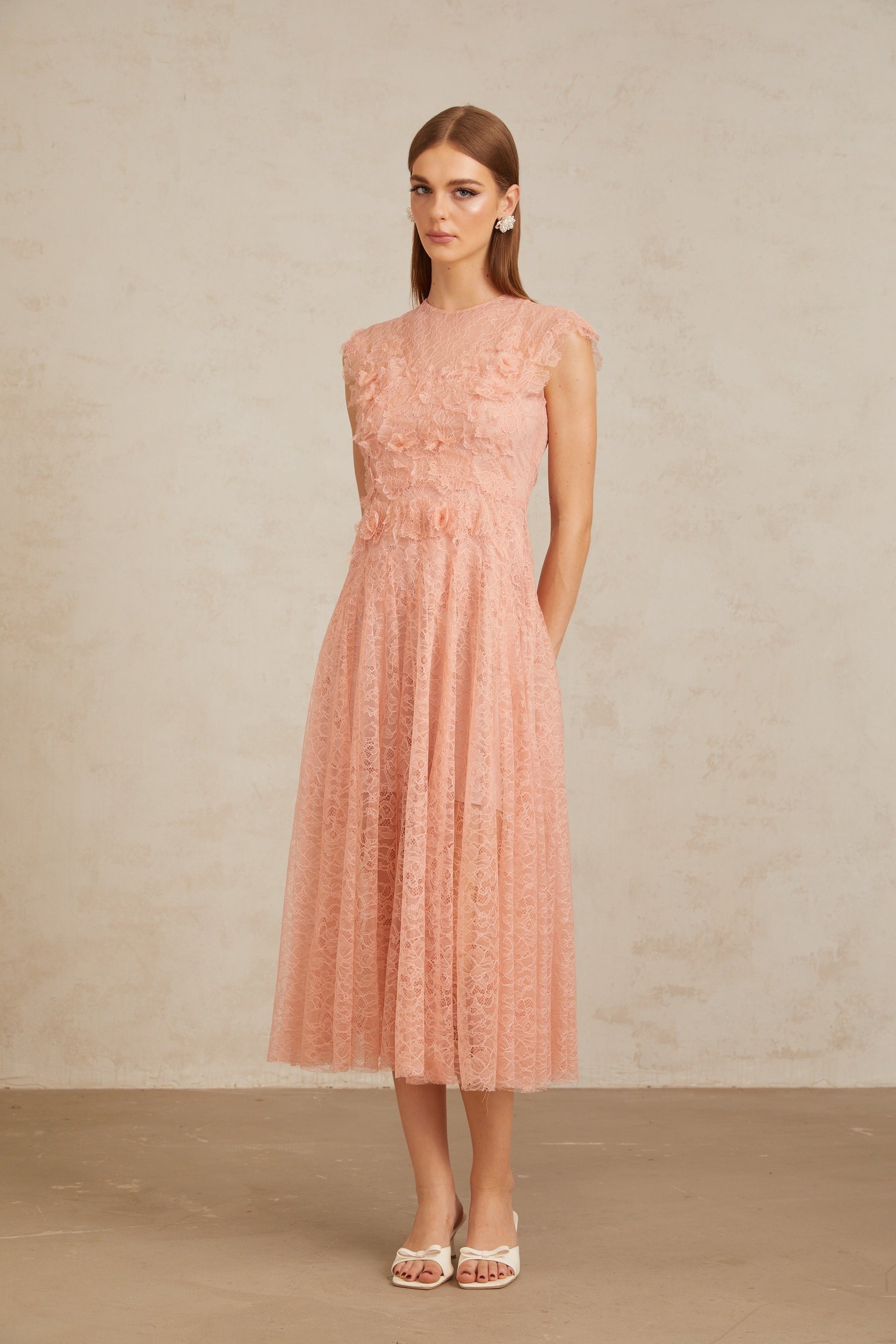 Aila Pink Shirred Guipure Lace Midi Dress
