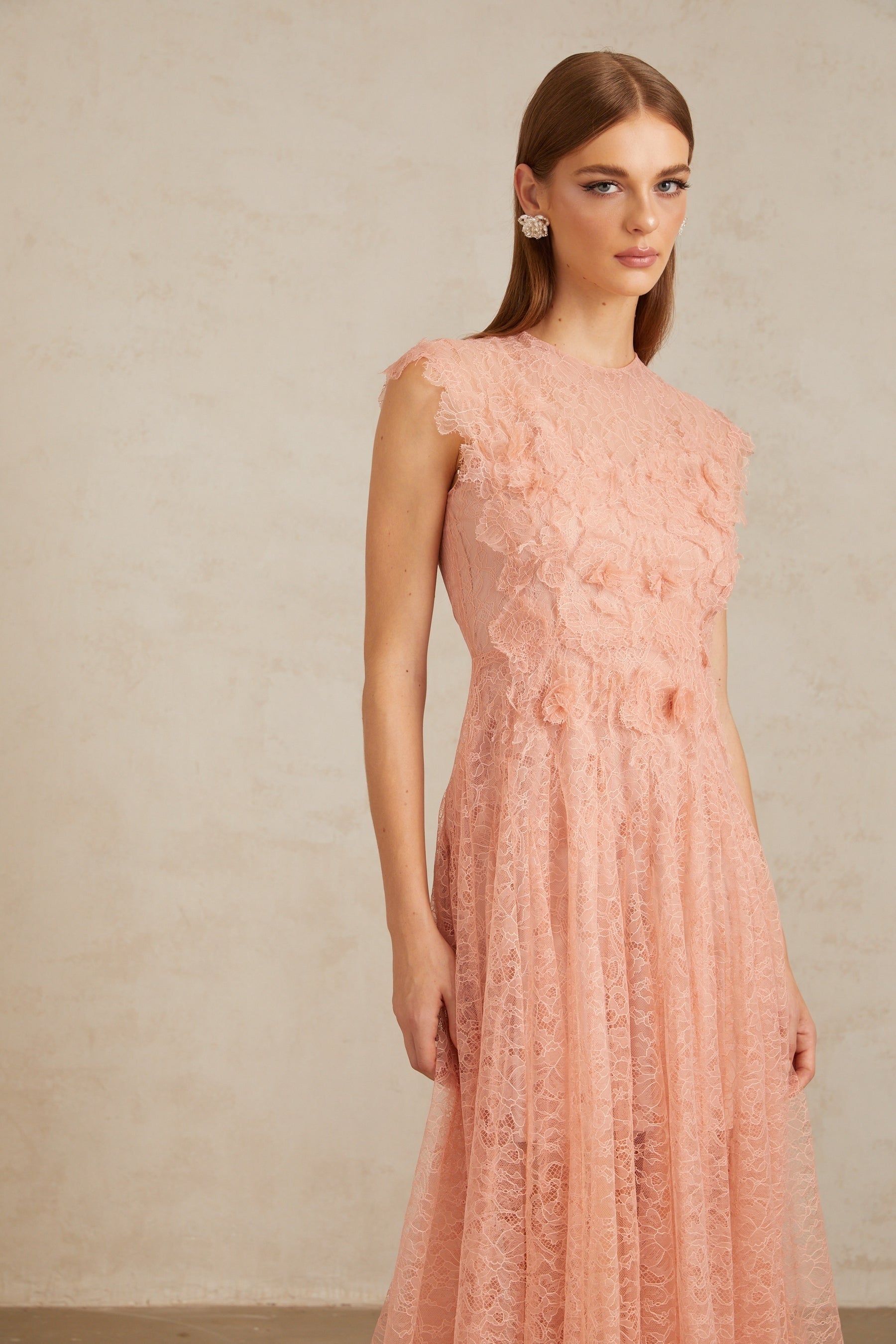 Aila Pink Shirred Guipure Lace Midi Dress