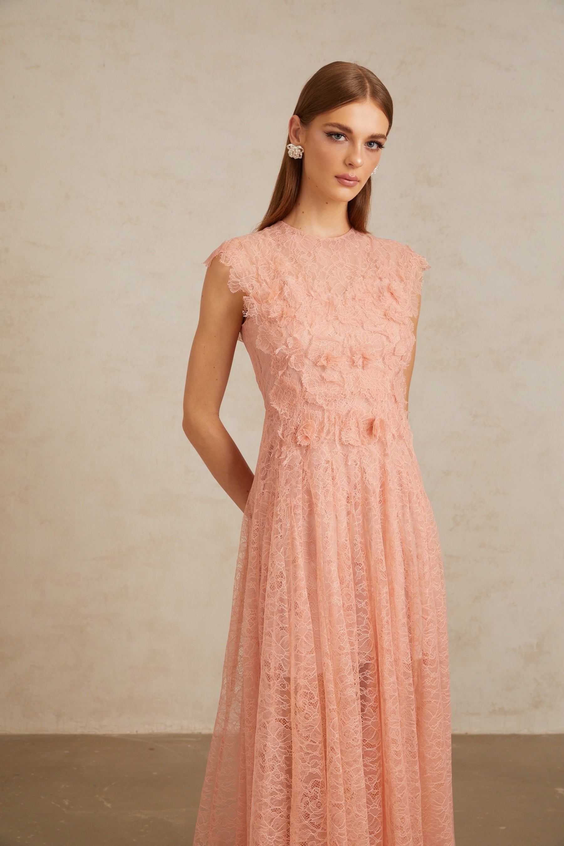 Aila Pink Shirred Guipure Lace Midi Dress
