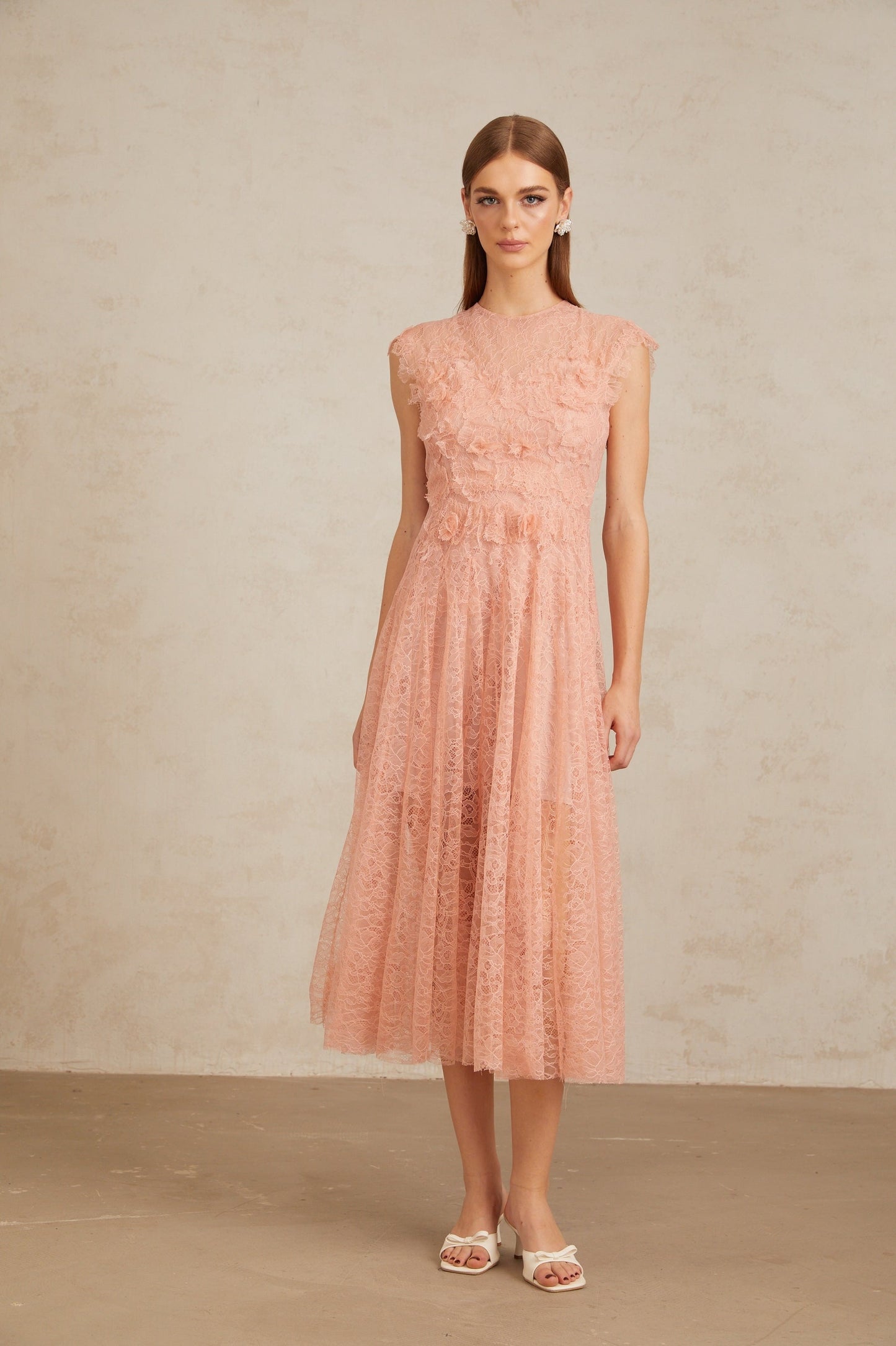 Aila Pink Shirred Guipure Lace Midi Dress