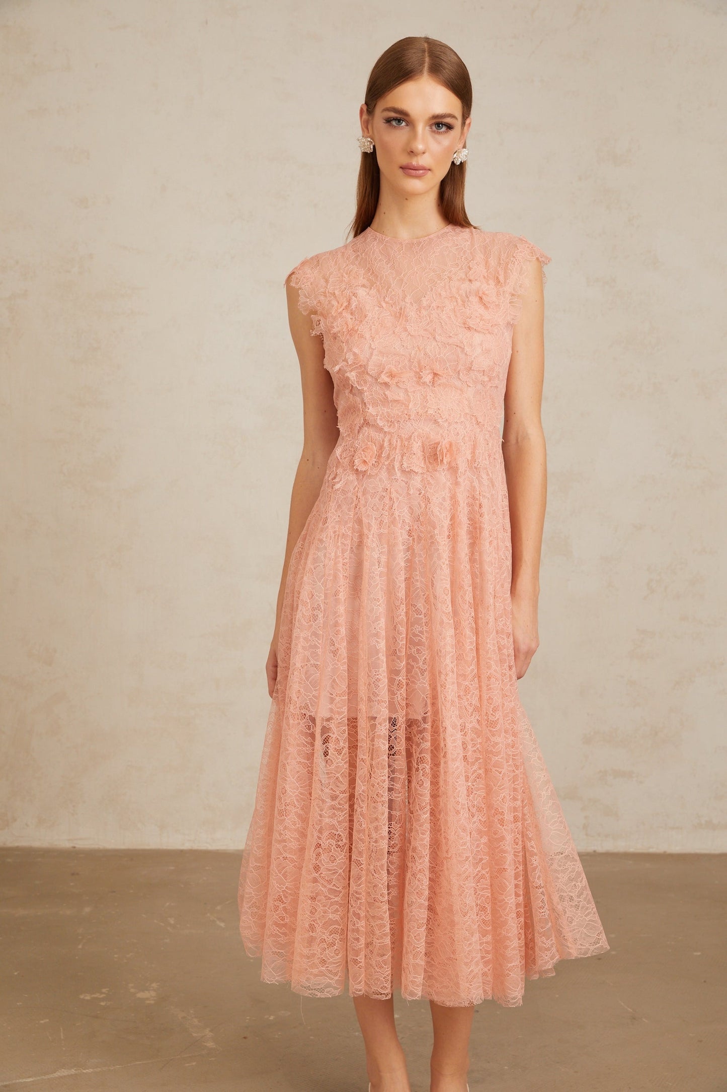 Aila Pink Shirred Guipure Lace Midi Dress