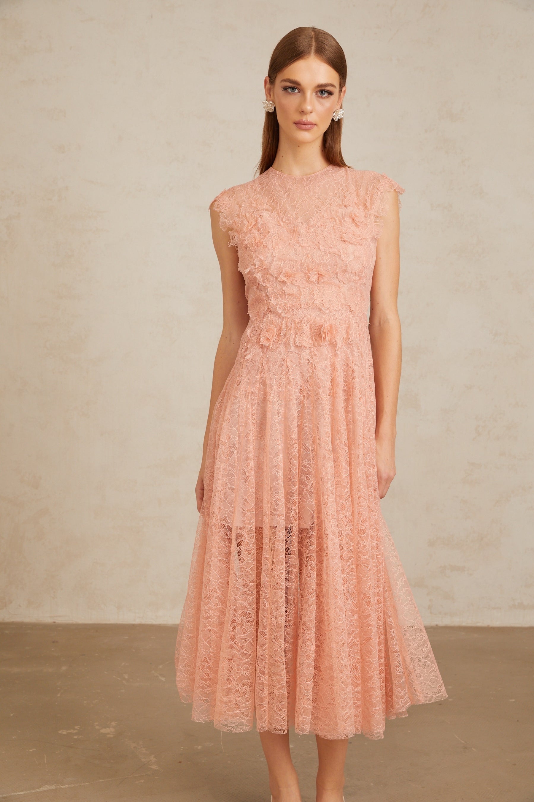 Aila Pink Shirred Guipure Lace Midi Dress