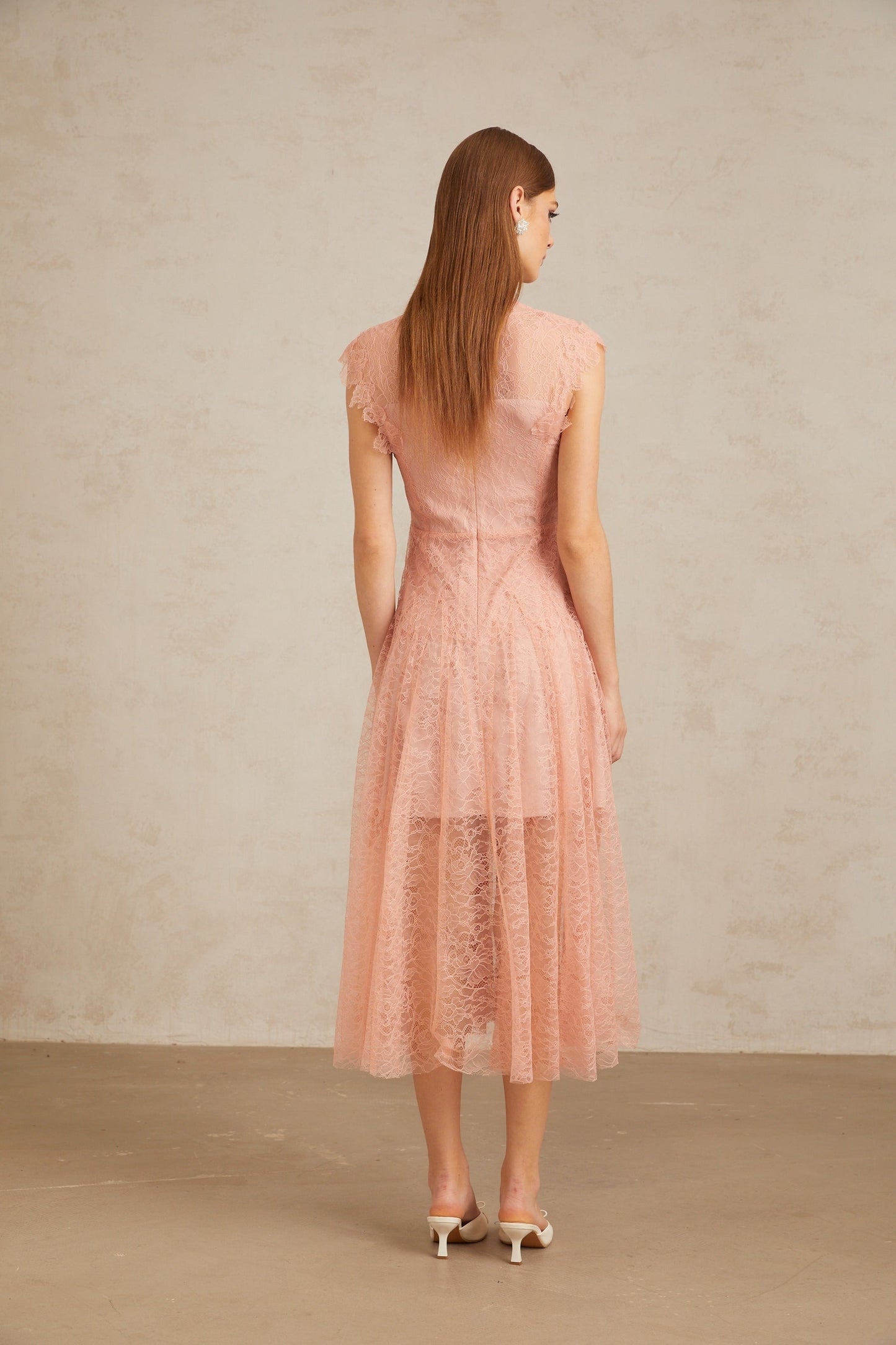 Aila Pink Shirred Guipure Lace Midi Dress