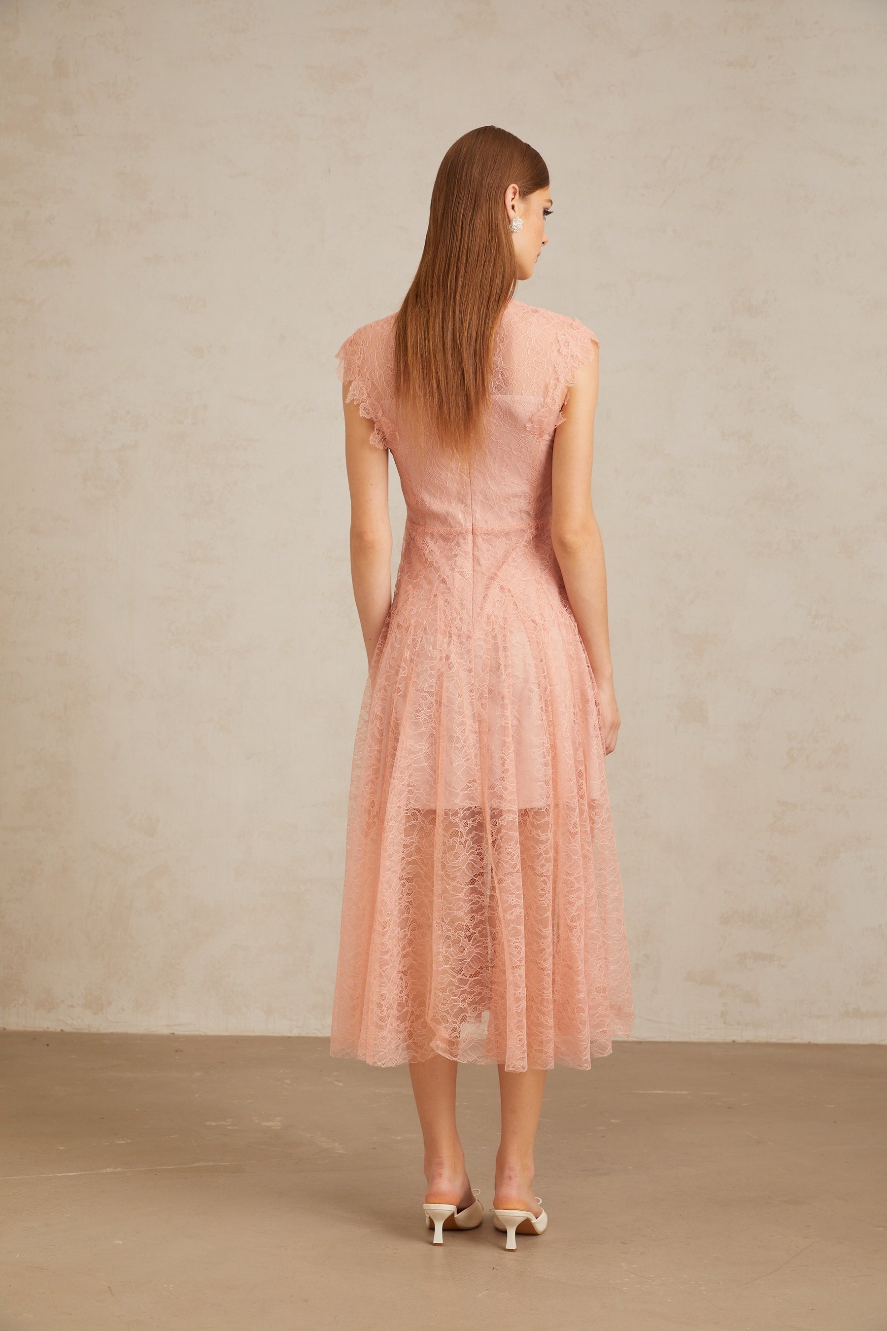 Aila Pink Shirred Guipure Lace Midi Dress