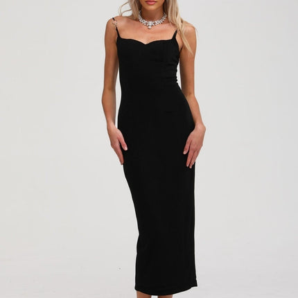 Ailbhe Black Bustier Maxi Dress with Metallic Ring Accents and Off-the-Shoulder Neckline