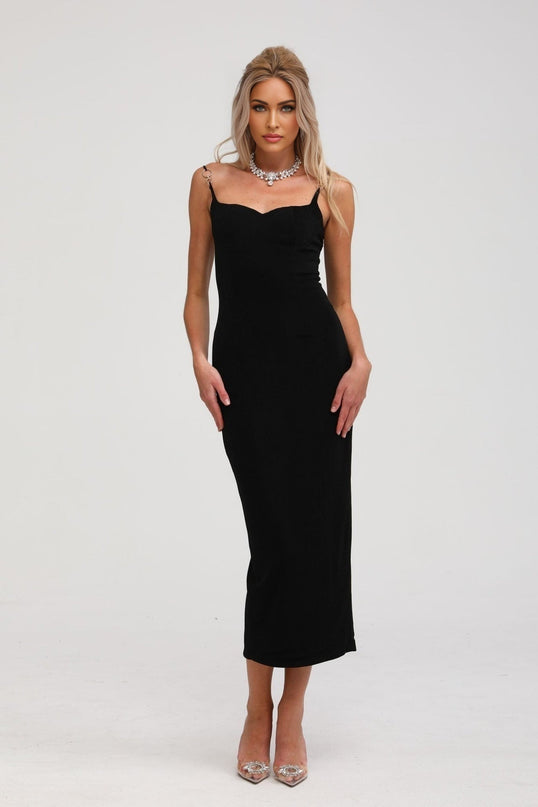 Ailbhe Black Bustier Maxi Dress with Metallic Ring Accents and Off-the-Shoulder Neckline