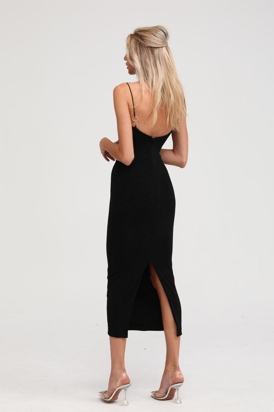Ailbhe Black Bustier Maxi Dress with Metallic Ring Accents and Off-the-Shoulder Neckline