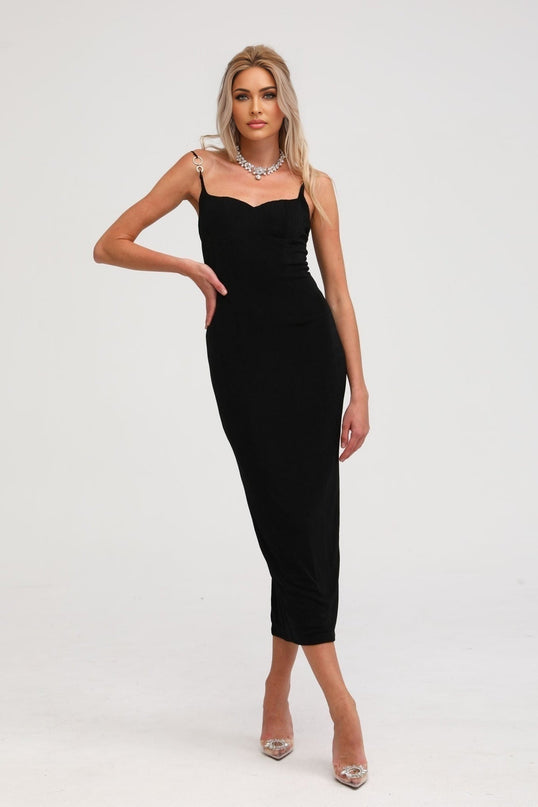 Ailbhe Black Bustier Maxi Dress with Metallic Ring Accents and Off-the-Shoulder Neckline