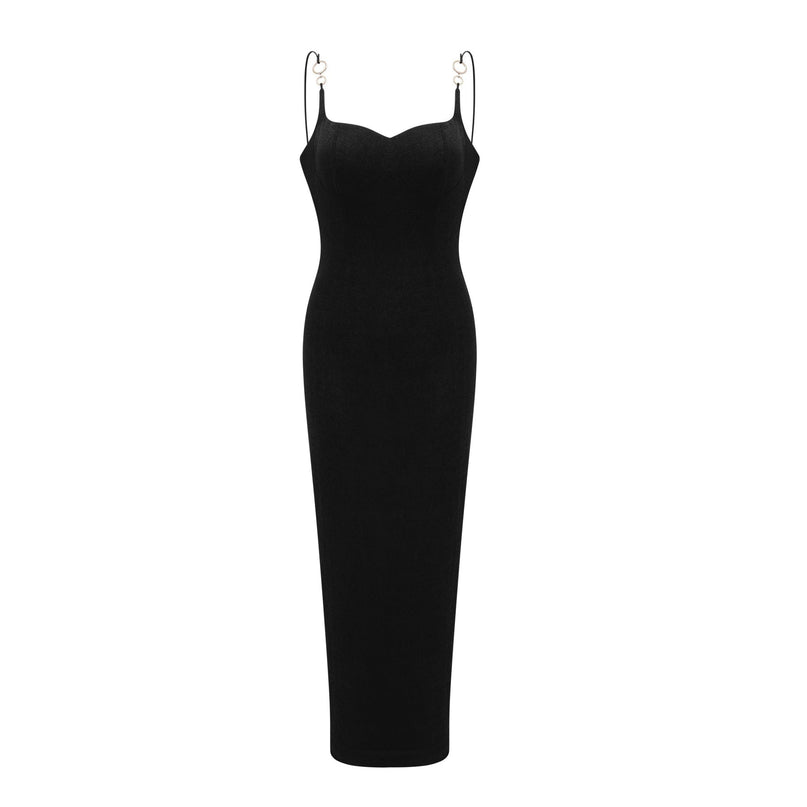 Ailbhe Black Bustier Maxi Dress with Metallic Ring Accents and Off-the-Shoulder Neckline
