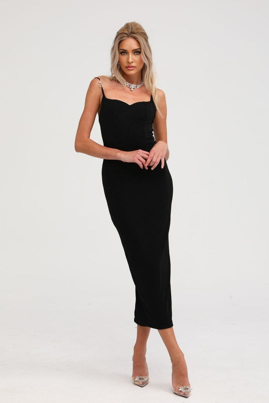 Ailbhe Black Bustier Maxi Dress with Metallic Ring Accents Off-the-Shoulder Neckline Polyester Elastane Elegant Formal Gala Evening Occasion