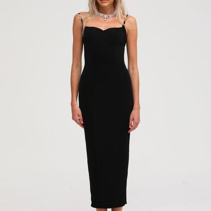 Ailbhe Black Bustier Maxi Dress with Metallic Ring Accents