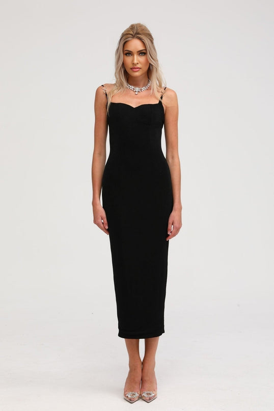Ailbhe Black Bustier Maxi Dress with Metallic Ring Accents