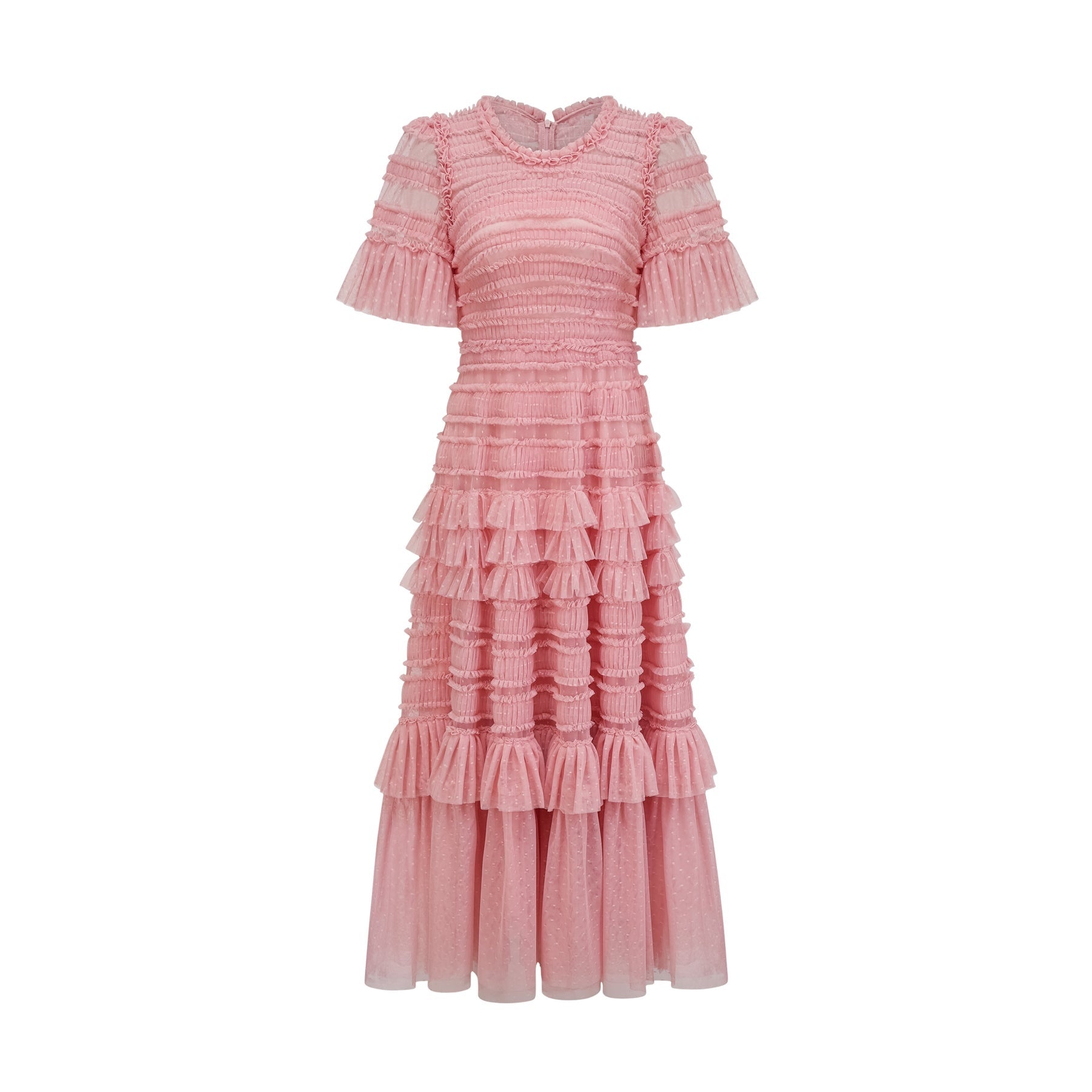 Aimée pink dotdetail ruffled tulle midi dress