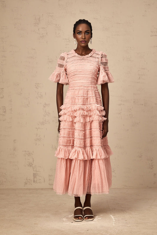 Aimée pink dotdetail ruffled tulle midi dress