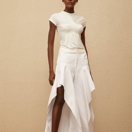 Aino's White Asymmetrical Denim Jeans - Premium Denim with Ruffled Detailing