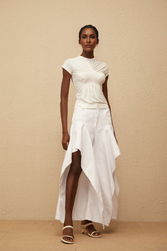 Aino's White Asymmetrical Denim Jeans - Premium Denim with Ruffled Detailing